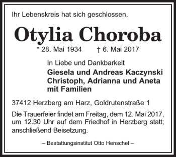 Traueranzeige von Otylia Choroba von Harz Kurier