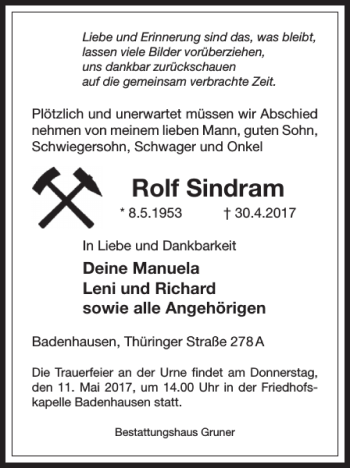 Traueranzeige von Rolf Sindram von Harz Kurier