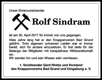 Traueranzeige von Rolf Sindram von Harz Kurier