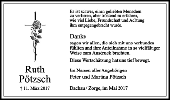Traueranzeige von Ruth Pötzsch von Harz Kurier