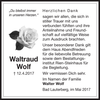 Traueranzeige von Waltraud Wolf von Harz Kurier