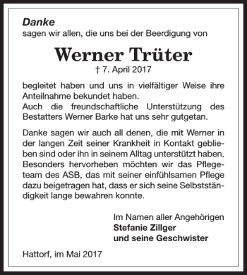Traueranzeige von Werner Trüter von Harz Kurier