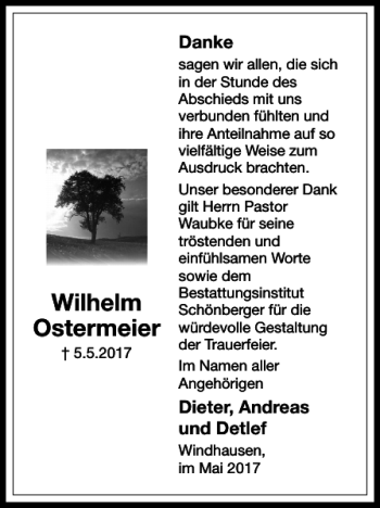 Traueranzeige von Wilhelm Ostermeier von Harz Kurier