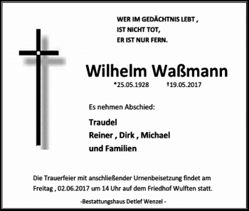 Traueranzeige von Wilhelm Waßmann von Harz Kurier