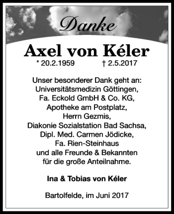 Traueranzeige von Axel von Kéler von Harz Kurier