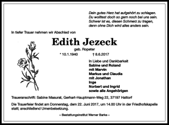 Traueranzeige von Edith Jezeck von Harz Kurier