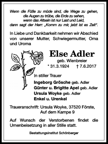 Traueranzeige von Else Adler von Harz Kurier
