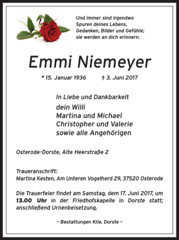 Traueranzeige von Emmi Niemeyer von Harz Kurier