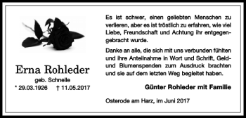 Traueranzeige von Erna Rohleder von Harz Kurier