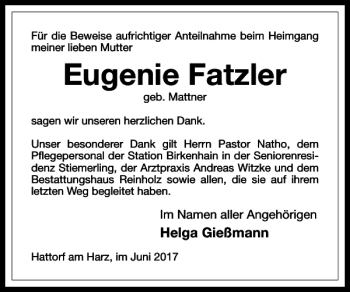 Traueranzeige von Eugenie Fatzler von Harz Kurier