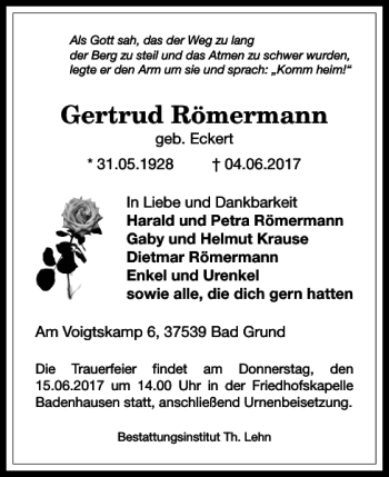 Traueranzeige von Gertrud Römermann von Harz Kurier