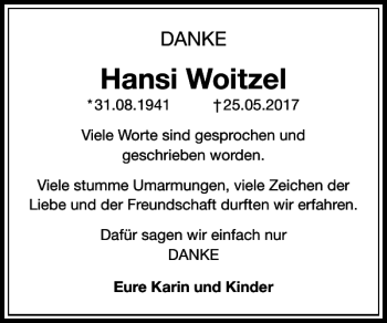 Traueranzeige von Hansi Woitzel von Harz Kurier