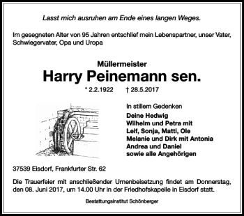 Traueranzeige von Harry Peinemann sen von Harz Kurier