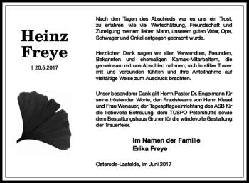 Traueranzeige von Heinz Freye von Harz Kurier