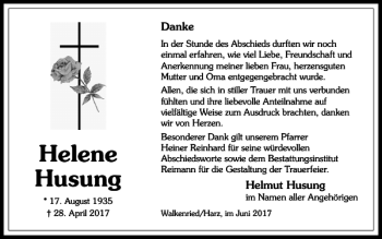 Traueranzeige von Helene Husung von Harz Kurier