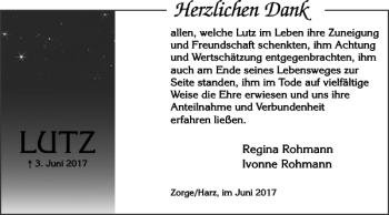 Traueranzeige von LUTZ  von Harz Kurier