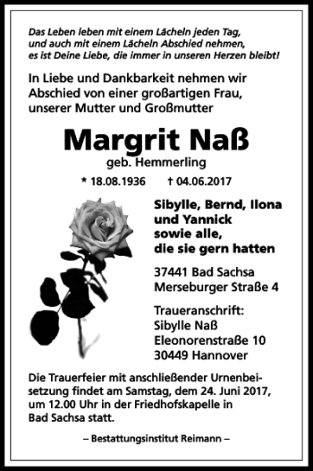 Traueranzeige von Margrit Naß von Harz Kurier