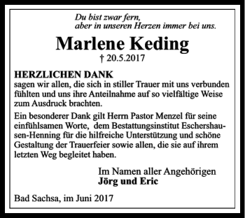 Traueranzeige von Marlene Keding von Harz Kurier