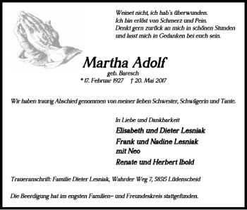 Traueranzeige von Martha Adolf von Harz Kurier