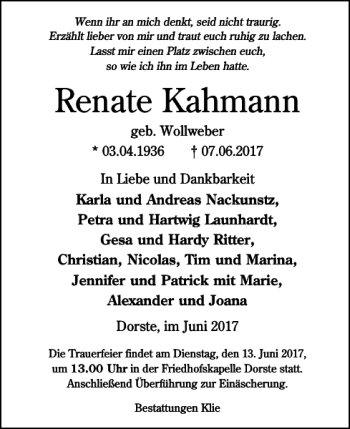Traueranzeige von Renate Kahmann von Harz Kurier