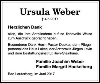 Traueranzeige von Ursula Weber von Harz Kurier
