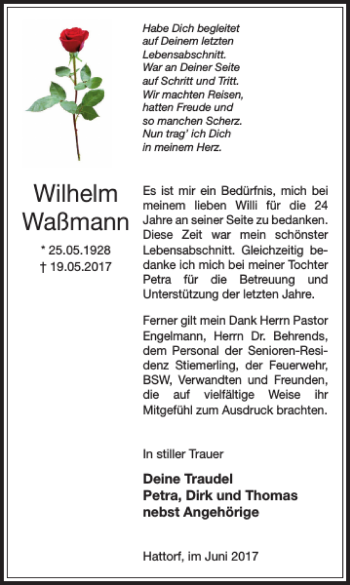 Traueranzeige von Wilhelm Waßmann von Harz Kurier