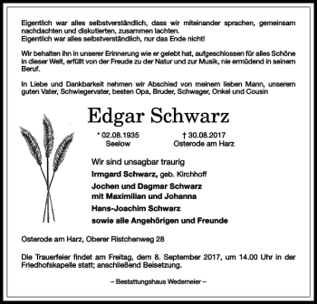 Traueranzeige von Edgar Schwarz von Harz Kurier