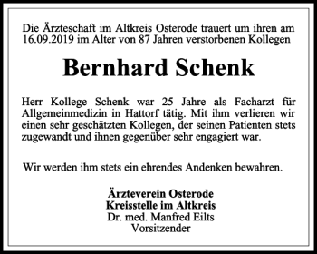 Traueranzeige von Bernhard Schenk von Harz Kurier