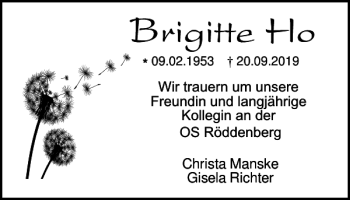Traueranzeige von Bigitte Ho von Harz Kurier