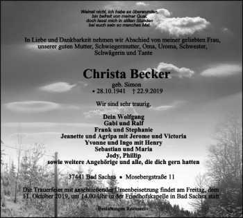 Traueranzeige von Christa Becker von Harz Kurier
