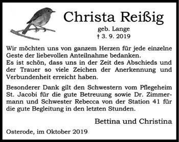 Traueranzeige von Christa Reißig von Harz Kurier
