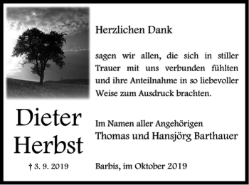 Traueranzeige von Dieter Herbst von Harz Kurier