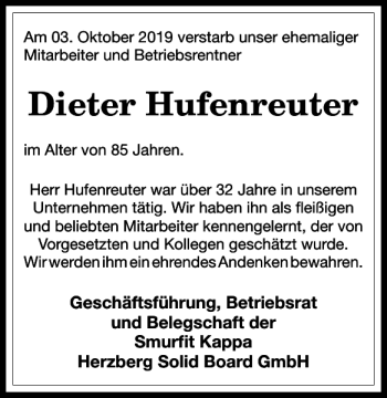 Traueranzeige von Dieter Hufenreuter von Harz Kurier