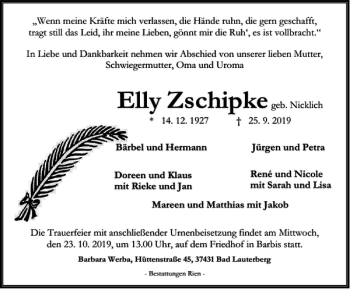 Traueranzeige von Elly Zschipke von Harz Kurier