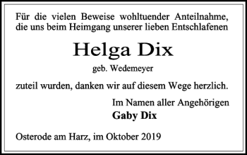 Traueranzeige von Gaby Dix von Harz Kurier
