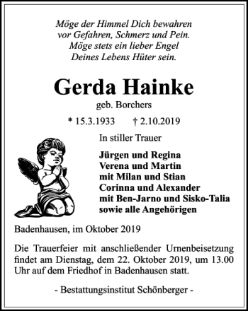 Traueranzeige von Gerda Hainke von Harz Kurier