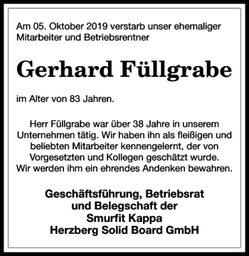 Traueranzeige von Gerhard Füllgrabe von Harz Kurier