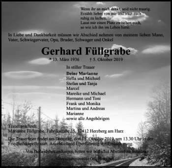 Traueranzeige von Gerhard Füllgrabe von Harz Kurier