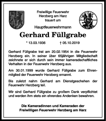 Traueranzeige von Gerhard Füllgrabe von Harz Kurier