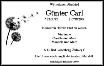 Traueranzeige von Günter Carl von Harz Kurier