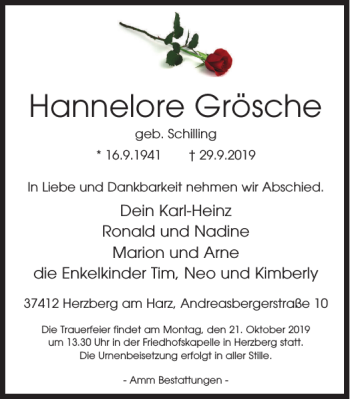 Traueranzeige von Hannelore Grösche von Harz Kurier