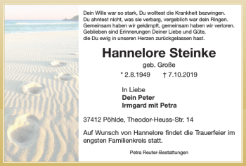 Traueranzeige von Hannelore Steinke von Harz Kurier