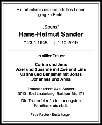 Traueranzeige von Hans-Helmut Sander von Harz Kurier