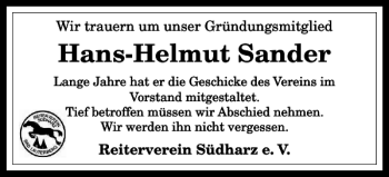 Traueranzeige von Hans-Helmut Sander von Harz Kurier