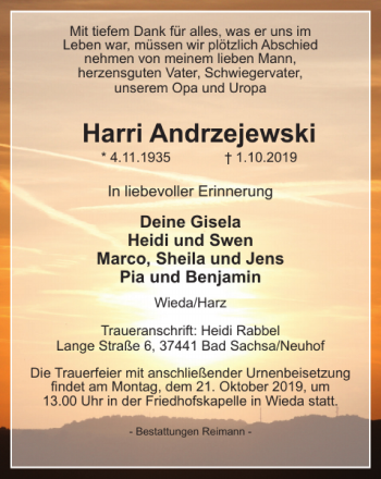 Traueranzeige von Harri Andrzejewski von Harz Kurier
