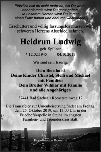 Traueranzeige von Heidrun Ludwig von Harz Kurier
