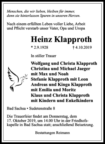 Traueranzeige von Heinz Klapproth von Harz Kurier