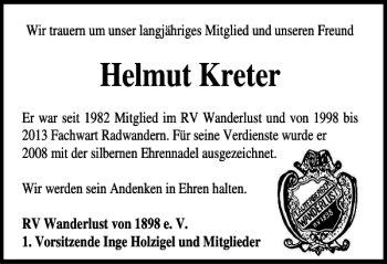 Traueranzeige von Helmut Kreter von Harz Kurier