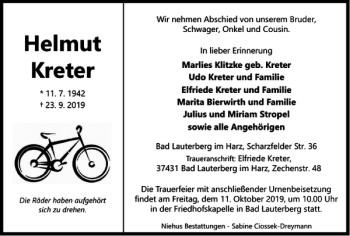 Traueranzeige von Helmut Kreter von Harz Kurier