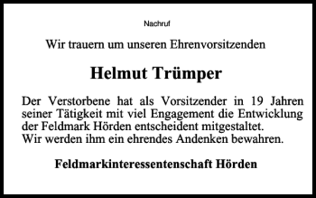 Traueranzeige von Helmut Trümper von Harz Kurier